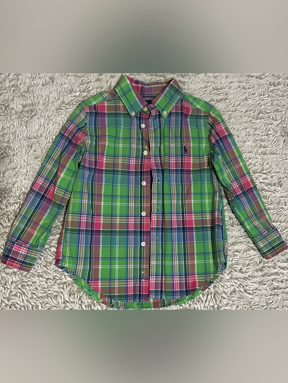 Ralph Lauren Boys' Green Plaid Button-Down Shirt with Pink & Blue Accents
